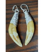 Rare K9 Pair of old leopard spirit teeth Sterling Silver Lion Dragon cap * - €51,62 EUR