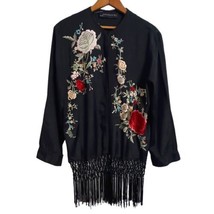 ZARA Floral Embroidered Kimono Top Sz L Fringe Cardigan Boho Blogger Witch Fairy - £72.33 GBP