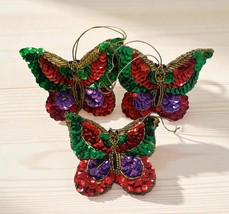 3 Vintage Butterfly Ornaments Sequin Beaded  3&quot; Bejeweled Beaded green red - $20.79
