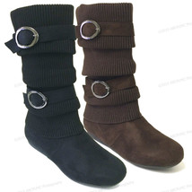 Women's Boots Slouchy Faux Suede Flat Buckle Mid Calf Knit Zipper Sweate... - $19.46+