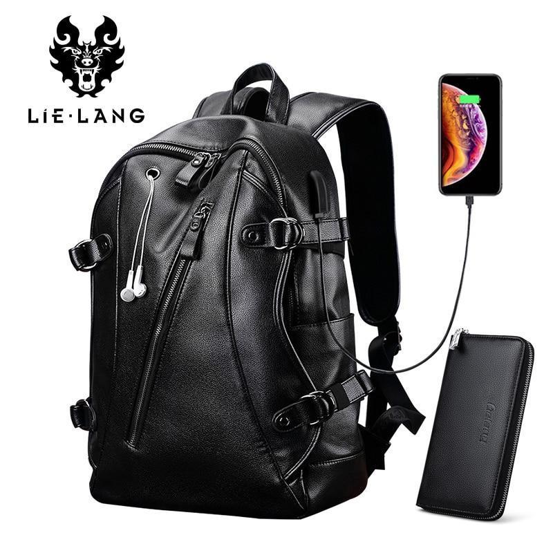 Men Backpack External USB Charge Waterproof Backpack Fashion PU Leather Travel