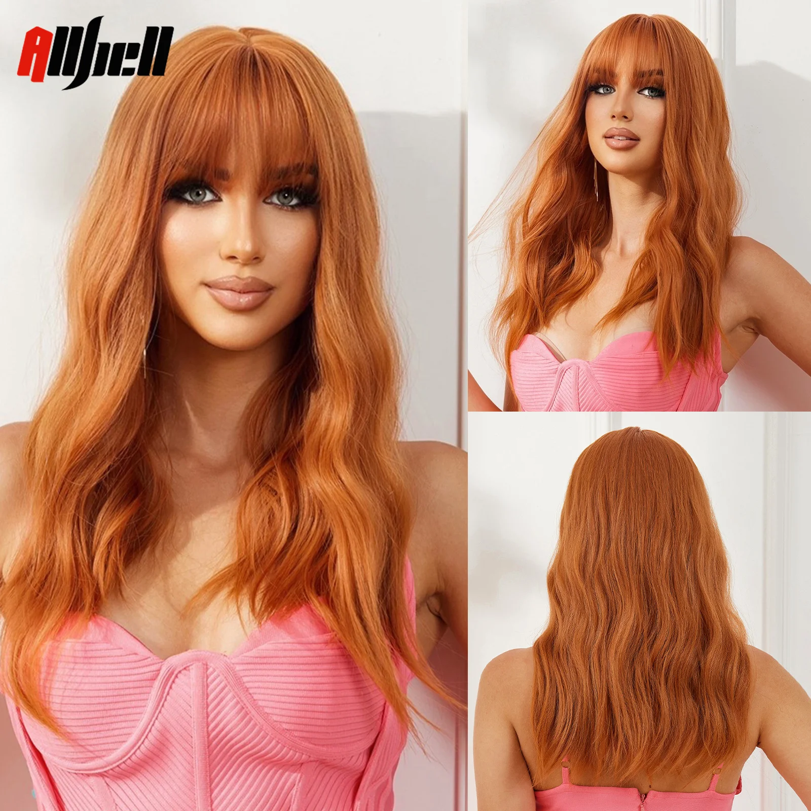 Orange Copper Long Synthetic Hair Wigs for Women Medium Length Wavy Wig with - £18.03 GBP+