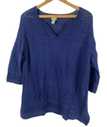 Chicos Sweater Top Size 2 / Large Crochet Knit Navy Blue Preppy Coastal ... - €34,13 EUR