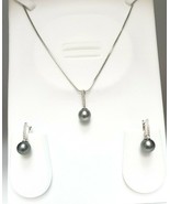 18Carat White Gold Tahitian Black Pearls &amp; Diamonds Pendant Earrings Set... - $1,723.88