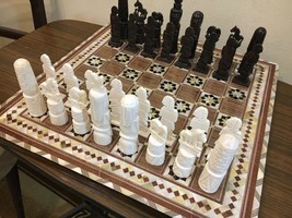 Handmade Chess pieces Carving Camel Bones &amp; Chess Board Inlaid mother of Pearl - $465.00