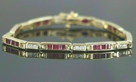 14K Yellow Gold Over 12.44CT Baguette Cut Simulated Ruby&amp;Diamond Tennis Bracelet - £173.86 GBP