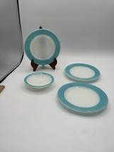 Pyrex Aqua Turquoise Blue Band Milk Glass 6 3/4” Plates &amp; 1 Bowl - £14.59 GBP