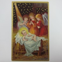 Christmas Postcard Baby Jesus Angels Nativity Gold Stars Embossed Antique 1909 - £7.85 GBP