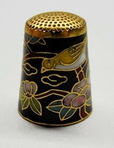 Vintage Cloisonne Enameled Thimble Black Enamel Yellow Bird Brass - £26.75 GBP