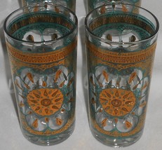 Set (4) Mid Century Modern 12 oz GLASS TUMBLERS Green &amp; Gold - £43.40 GBP