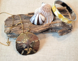 Real Sand Dollar Necklace Gold Plated  &amp; Shell Bangle Bracelet 2 Piece Lot - £22.76 GBP
