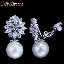 CWWZircons Designer CZ Crystal Flower Pearl No Hole Earrings for Women Fashion J - £13.11 GBP