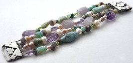 Handmade Vintage Pearl Semi Precious Gemstone Bead Bracelet Sterling Silver Art - £158.27 GBP