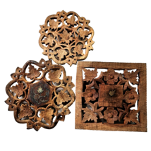 Vintage lot 3 Wooden Pad hand carved footed trivet vase stand India 2x6&quot;... - $24.99