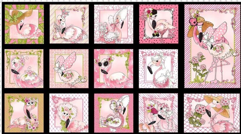 23&quot; X 44&quot; Panel Flamingos Tropical Birds Animals Black Cotton Fabric D41... - $8.92