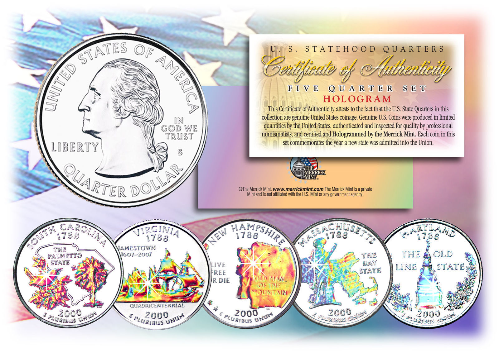 Primary image for 2000 US Statehood Quarters HOLOGRAM *** 5-Coin Complete Set *** w/Capsules & COA
