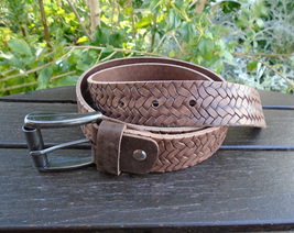 Handmade Greek Leather Belt with Embossed Woven Pattern 1.5&quot; (4cm) - £27.97 GBP