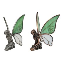 Vintage Kneeling Mystical Fairies Stained Glass Spring Wings Copper &amp; Pewter - £29.94 GBP