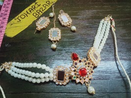 Indian Joharibazar GoldPlated Kundan Mirror Necklace Ethnic Earring Jewelry SetF - £15.35 GBP