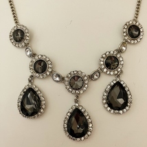 A &amp; A Statement Necklace Brown Crystal Rhinestone Teardrop Silver Chain Vintage - £35.55 GBP
