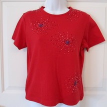 Sm Womens Red w/Starbursts of Colored Beads Cotton Blend Knit Pull On To... - £10.12 GBP