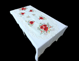 White Summer Table Runner, Red Embroidered Flower, Rustic Decor 24x48&#39;&#39; - £38.95 GBP