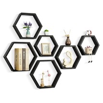 Hexagonal Floating Shelves Set Of 6 Hexagon Sheves Wall Mount Wood Storage Honey - £53.54 GBP
