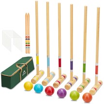 Six Player Croquet Set With Premiun Rubber Wooden Mallets 28In,Colored B... - £60.74 GBP