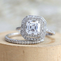 2Ct Asscher Cut VVS1 Diamond 14K White Gold Finish Double Halo Bridal Engagement - £86.37 GBP