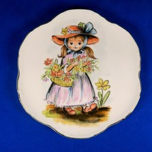 1970s Decorative Scalloped Edge Plate Girl with Flowers Gold Rim Japan V... - $14.70