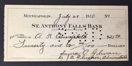 St. Anthony Falls Bank Antique Check c. 1910 7/28/1910 Minneapolis Minne... - £12.58 GBP