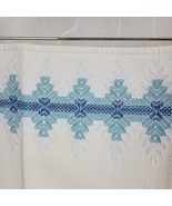 Vintage Towels White Blue Embroidered Hand Stitched Cotton Kitchen Set of 2 - £13.24 GBP