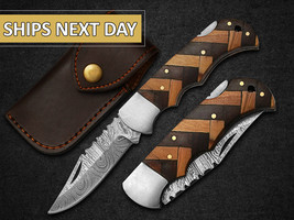 Handmade Damascus Pocket Knife Olive Wood Handle Birthday Gift Folding Knife Gro - £66.86 GBP