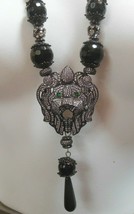 Pave Rhinestone Lion Head Pendant &amp; Black Glass Bead Necklace Green Eyes - £27.40 GBP