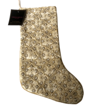 Christian Siriano Christmas Stocking Gold White Beaded Front Accents 22&quot; Beige - £47.38 GBP