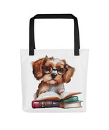 Cute Puppy Dog with Glasses on Books Tote bag - $35.08 CAD