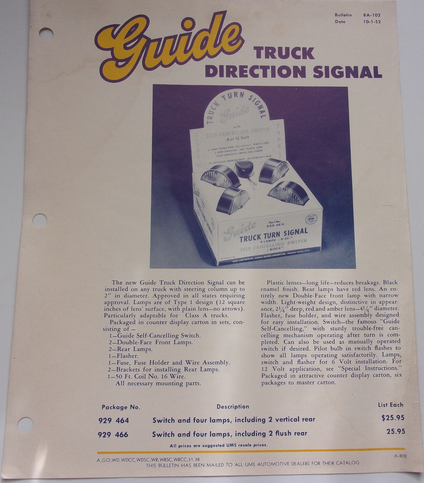 Primary image for Vintage Guide Truck Direction Signal Information  Sheet 1952