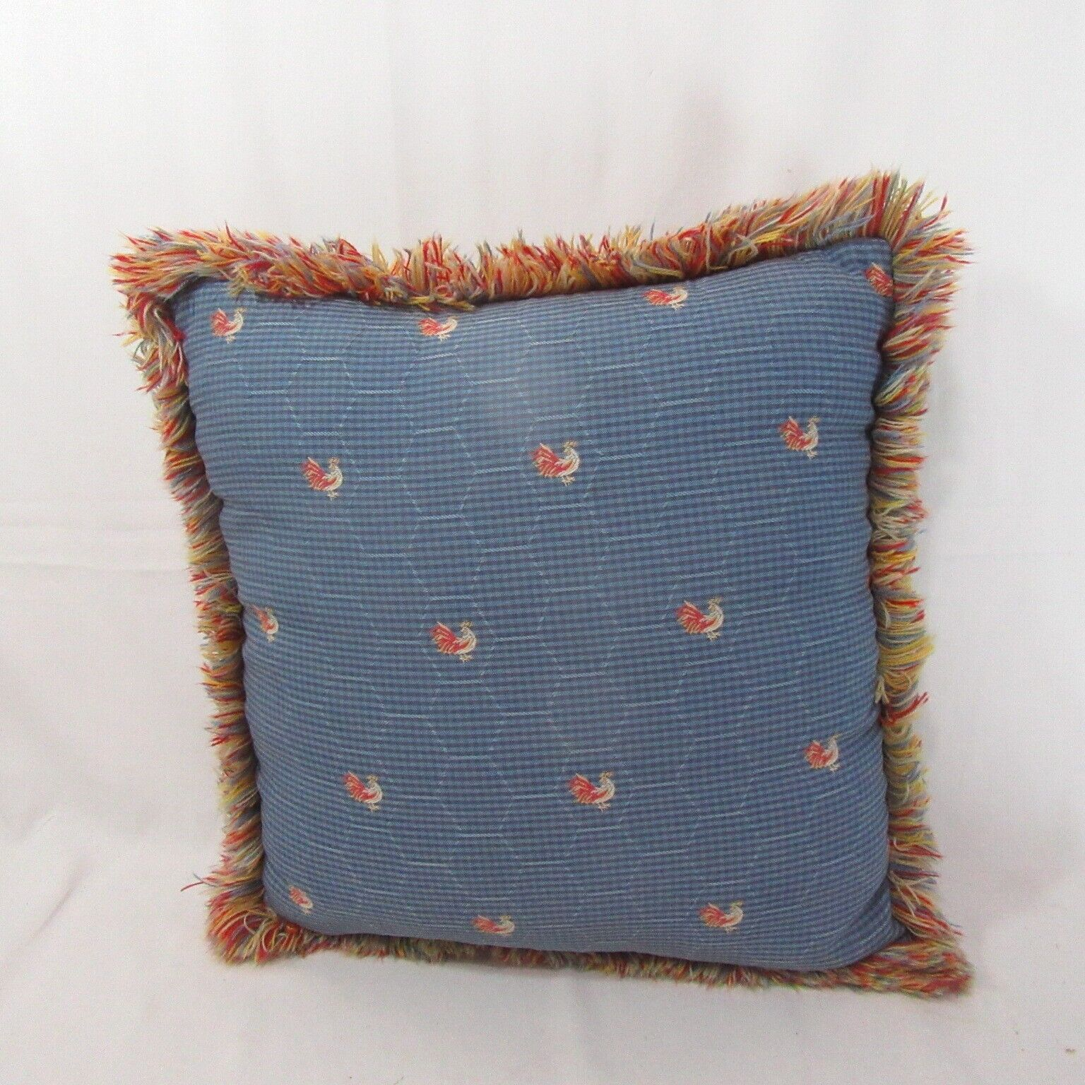 Waverly Chicken Wire Rooster Embroidered Blue Fringed 16-inch Square Pillow - $39.00