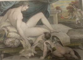Antique French Print Venus &amp; Cupid Lambert Sustris Erotic nude etching engraving - £480.63 GBP