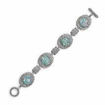 925 Sterling Silver 7.5&quot; Ornate Oval Blue Roman Glass Statement Toggle Bracelet  - £340.61 GBP