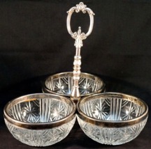 Vintage Relish / Condiment set with 3 silverplate rimmed Pressed Glass B... - £20.78 GBP