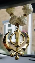 Gold Plated Khanda Pendant Punjabi Kaur Sikh Singh Car Rear Mirror Hanger Mala - £13.06 GBP