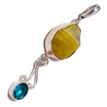 Yellow Striped Agate, Apatite Gemstone 925 Silver Handmade Double Drop P... - $9.95