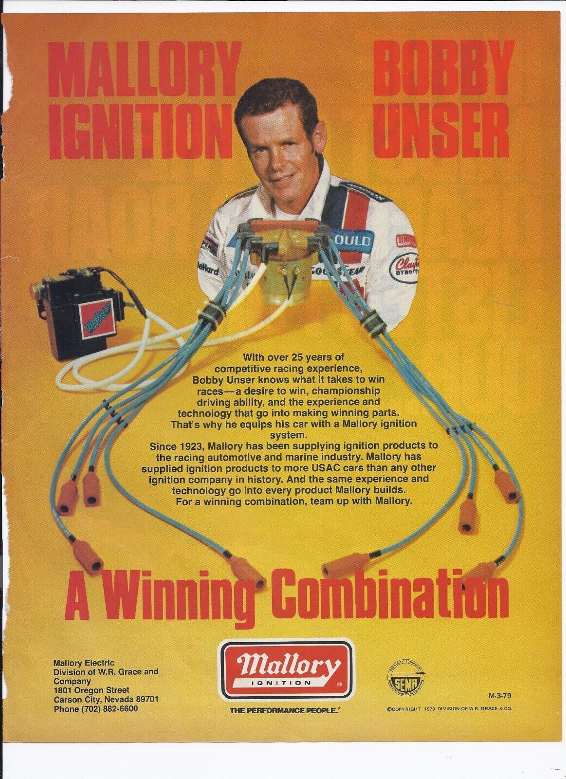1979 Mallory Iginition Print Ad Automobile Car Bubby Unser 8.5&quot; x 11&quot; - $20.06