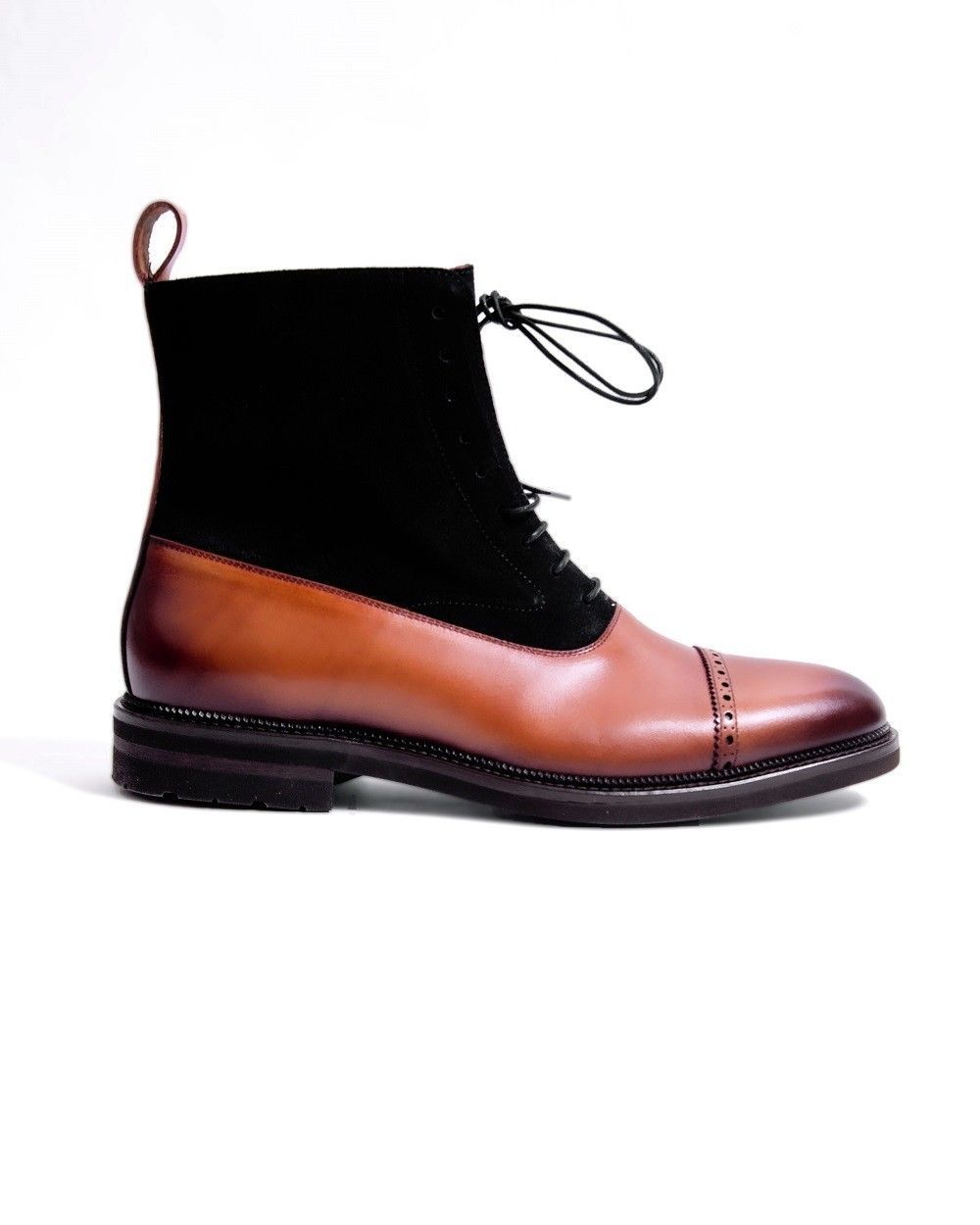 Men's Black Suede Tan Burnished Cap Toe High Ankle Genuine Leather Boots US 7-16