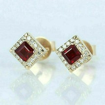 1.50Ct Princess Simulated Red Ruby Stud  Earrings 14k Yellow Gold Plated Women - £64.25 GBP