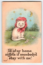 Dressed White Kitten Cat Postcard Outside Stars Crescent Moon Man 1915 Bergman - £13.65 GBP