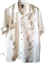 Van Heusen Button Up Short Sleeve Shirt XL Tropical Hibiscus Cream Floral Beach  - £12.43 GBP