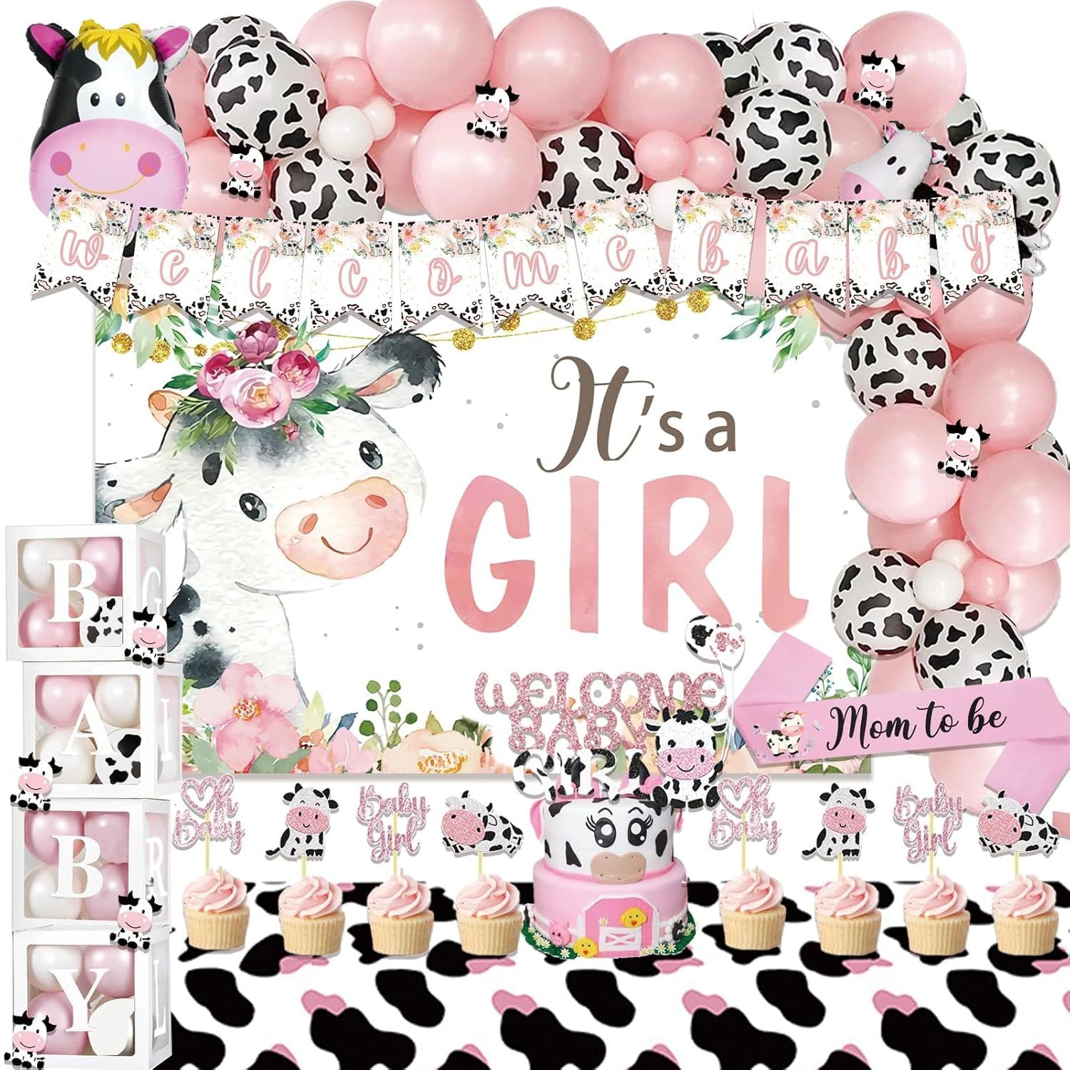 Cow Baby Shower Decorations For Girl, Pink Farm Cow Themed Baby Shower Decoratio