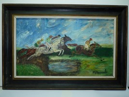 Old Vintage Impasto Oil Painting, The Horse Race &amp; Jockeys, Signed M. Mougrabi , - £146.17 GBP